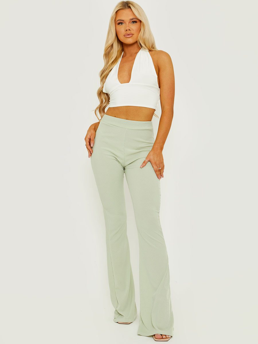 High Waist Ribbed Flared Trousers Green