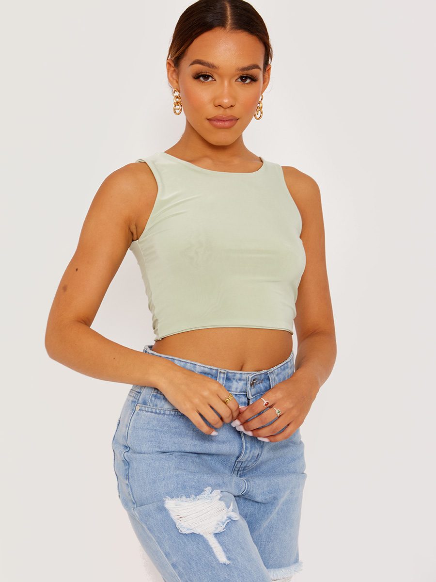 Dorian Slinky Cropped Vest Top In Green