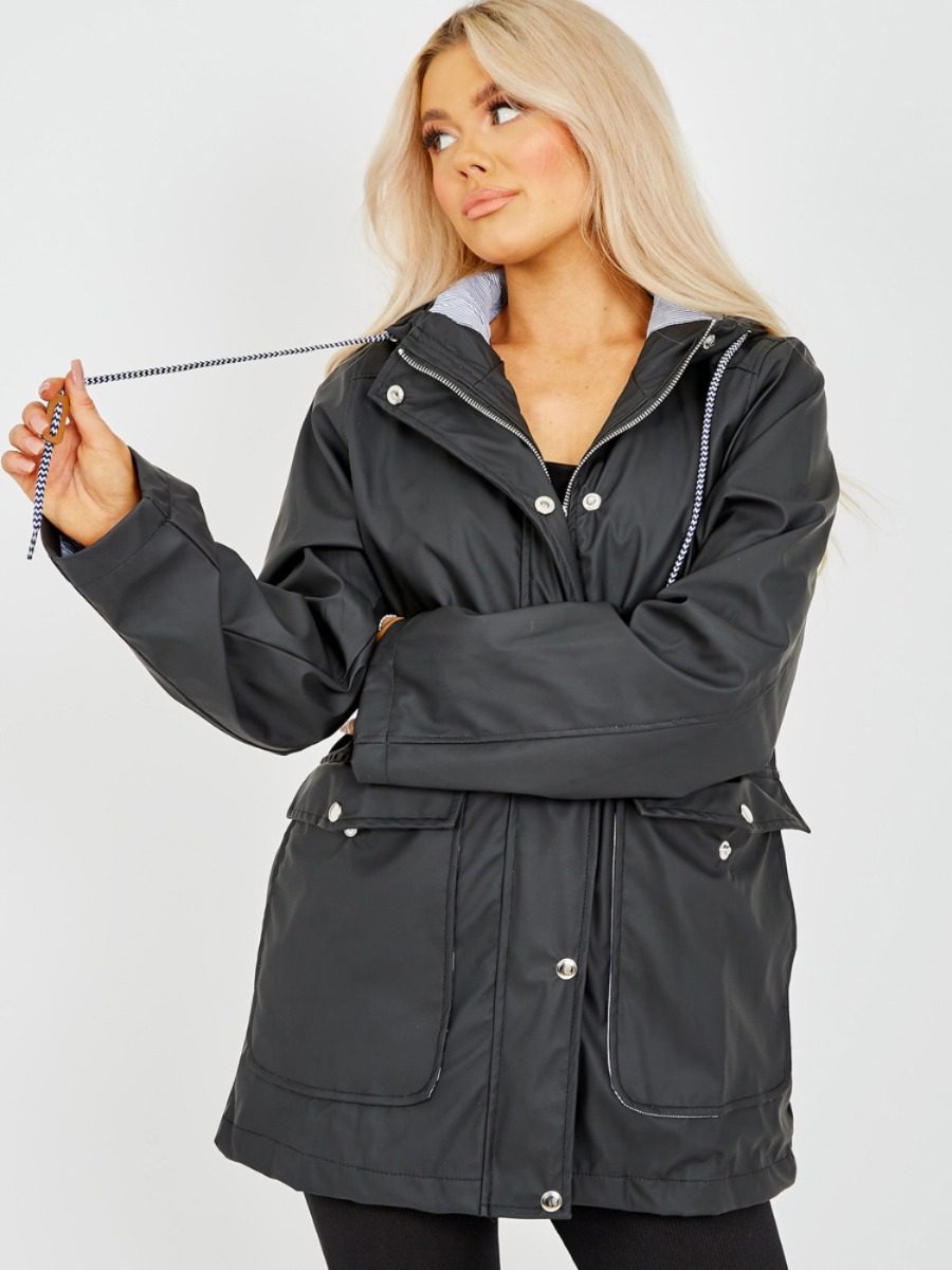 Sonia PU Coated Hooded Rain Mac In Black – Vivichi Limited