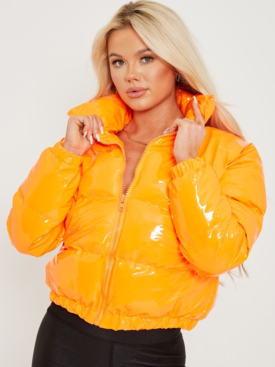 Emilia PVC Leather Cropped Puffer Jacket In Orange – Vivichi Limited