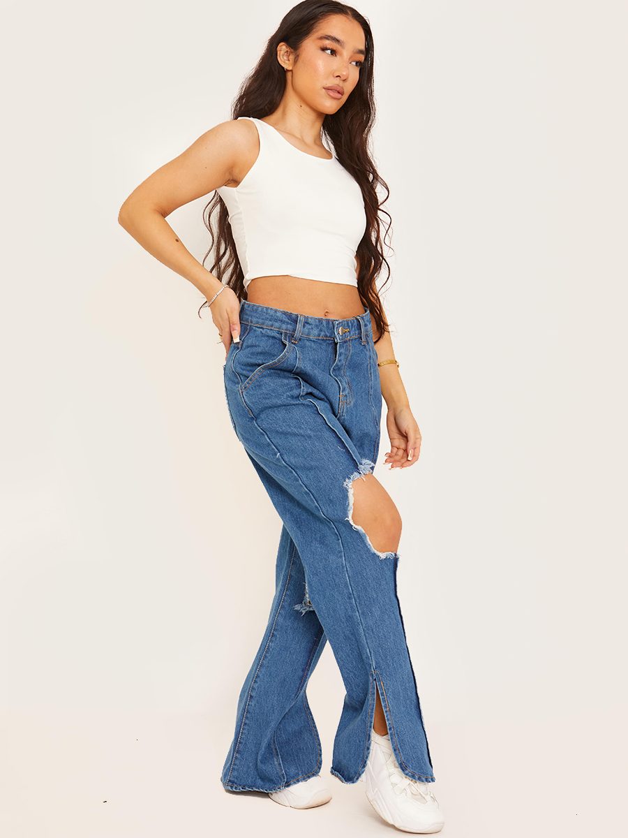 Lauren Ripped Knee Split Flapper Jeans In Blue – Vivichi Limited